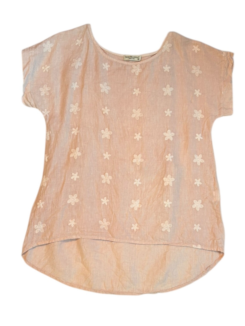 Terzo Millennio Linen Blouse M Pink Embroidered Floral Italy Oversized Lagenlook